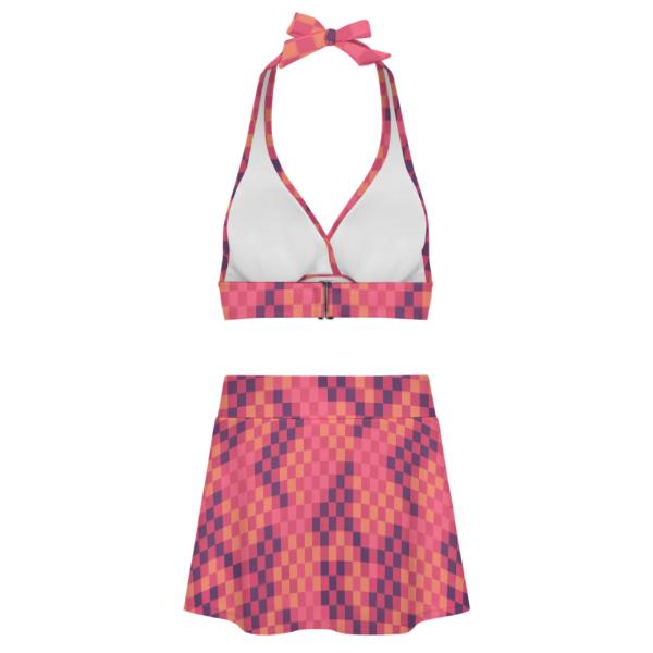 Pink Checker Retro Halter Tankini Skort Swim Set with Integrated Bottoms