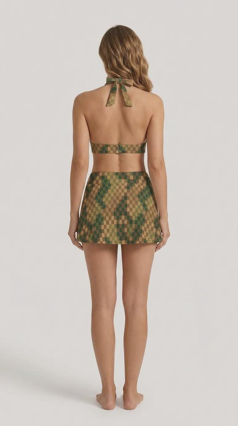 Earthy Brown & Green Checker Retro Halter Tankini Skort Swim Set with Integrated Bottoms