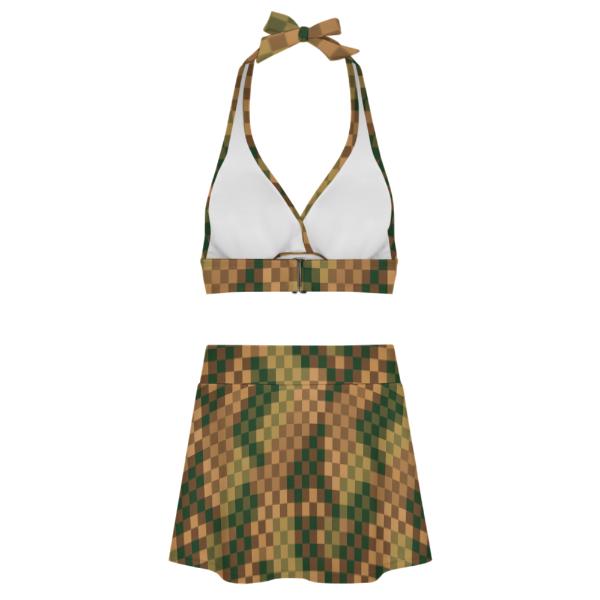 Earthy Brown & Green Checker Retro Halter Tankini Skort Swim Set with Integrated Bottoms