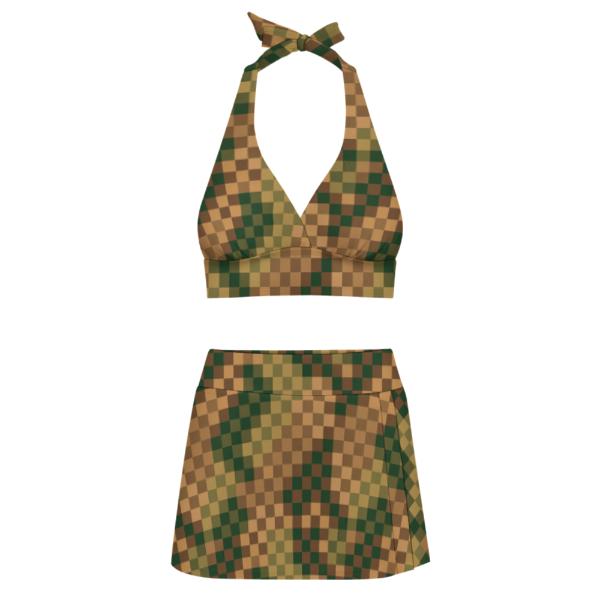 Earthy Brown & Green Checker Retro Halter Tankini Skort Swim Set with Integrated Bottoms