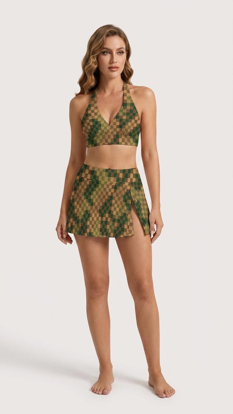 Earthy Brown & Green Checker Retro Halter Tankini Skort Swim Set with Integrated Bottoms