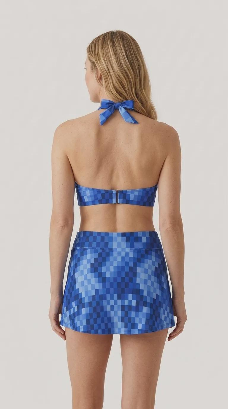 Blue Checker Retro Halter Tankini Skort Swim Set with Integrated Bottoms