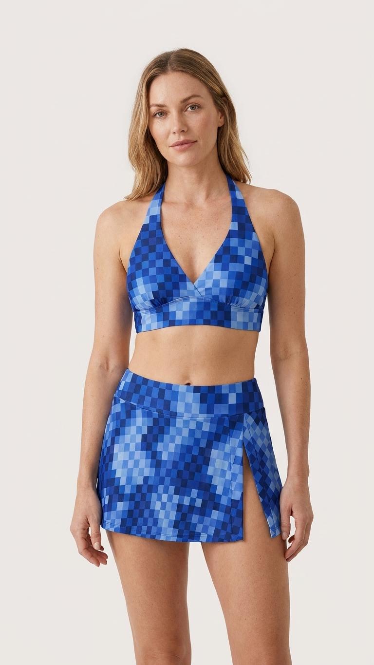 Blue Checker Retro Halter Tankini Skort Swim Set with Integrated Bottoms