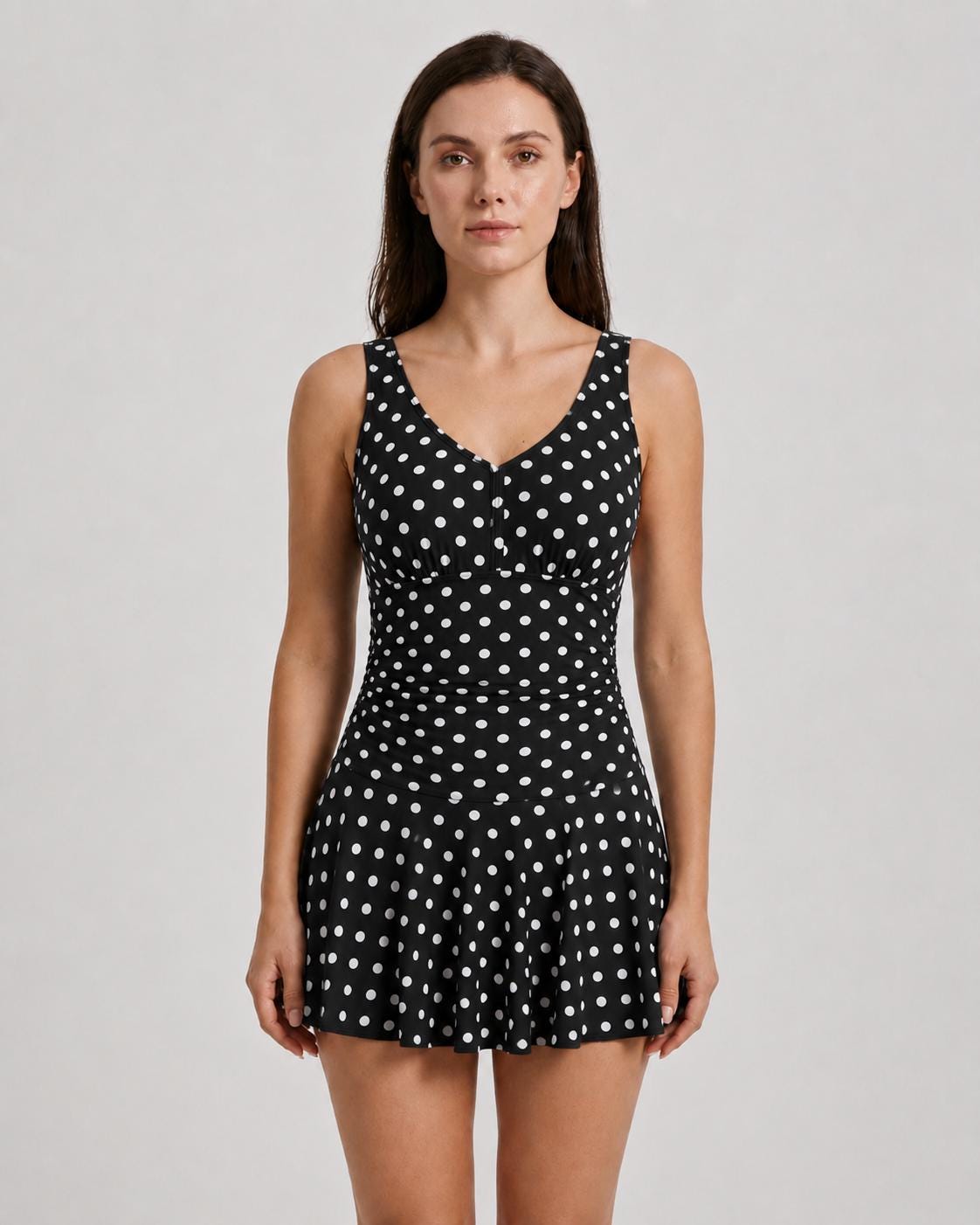 Retro Pleated Swim Dress tankini with Shorts, Vintage-Inspired Modest Tankini, Black Polka-Dot