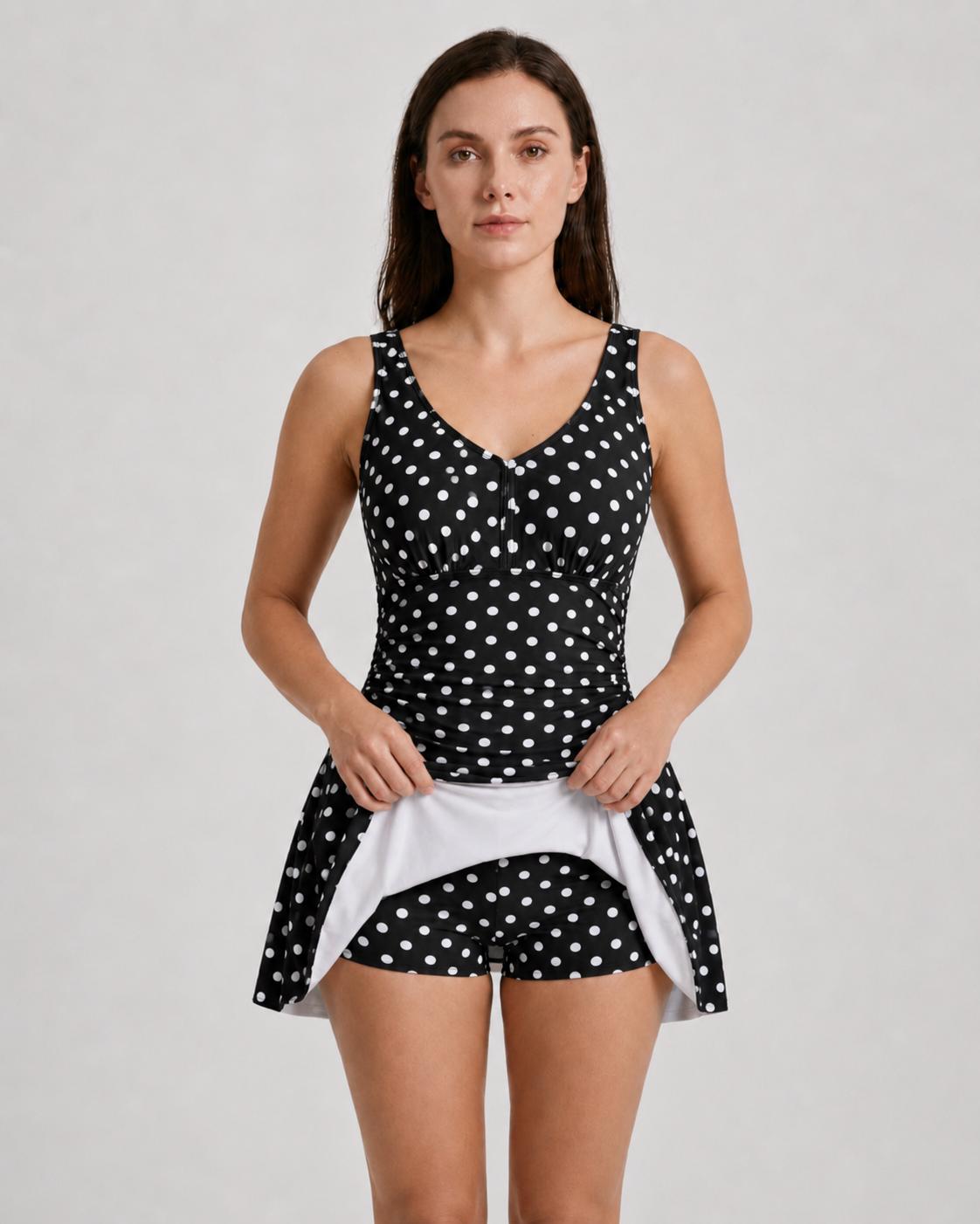 Retro Pleated Swim Dress tankini with Shorts, Vintage-Inspired Modest Tankini, Black Polka-Dot