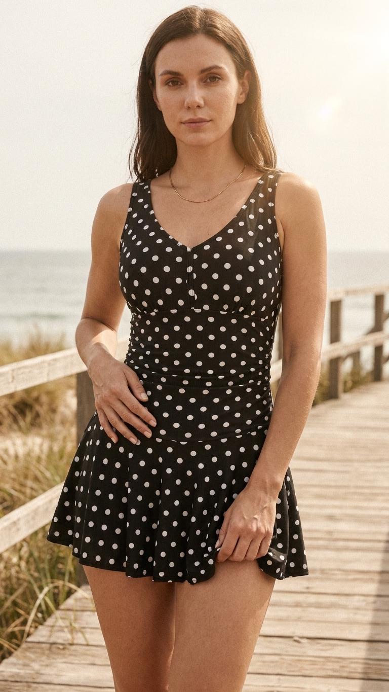 Retro Pleated Swim Dress tankini with Shorts, Vintage-Inspired Modest Tankini, Black Polka-Dot