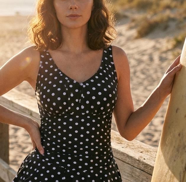Retro Pleated Swim Dress tankini with Shorts, Vintage-Inspired Modest Tankini, Black Polka-Dot