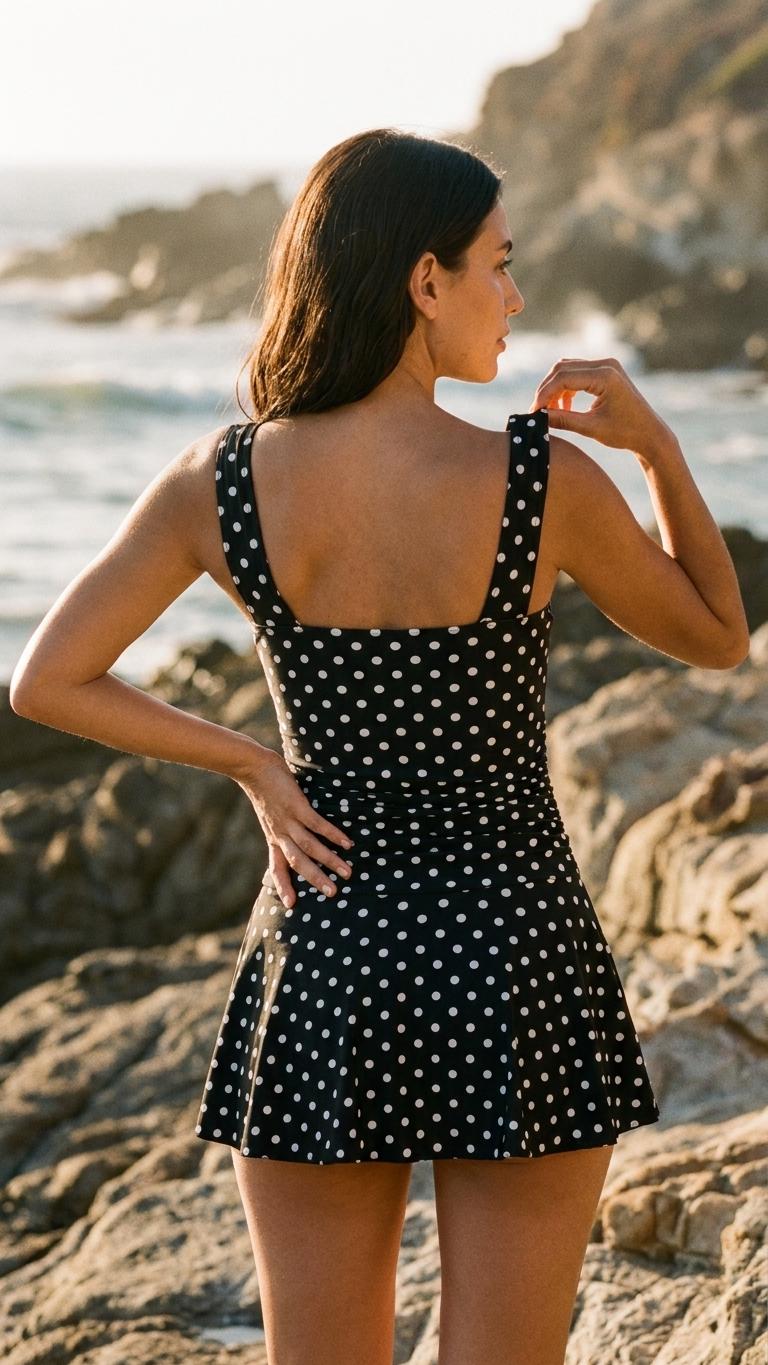 Retro Pleated Swim Dress tankini with Shorts, Vintage-Inspired Modest Tankini, Black Polka-Dot