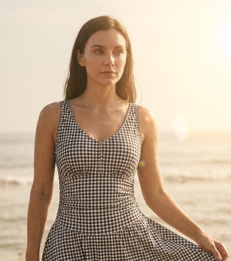Retro Pleated Swim Dress with Shorts, Vintage-Inspired Modest Tankini, Black Gingham