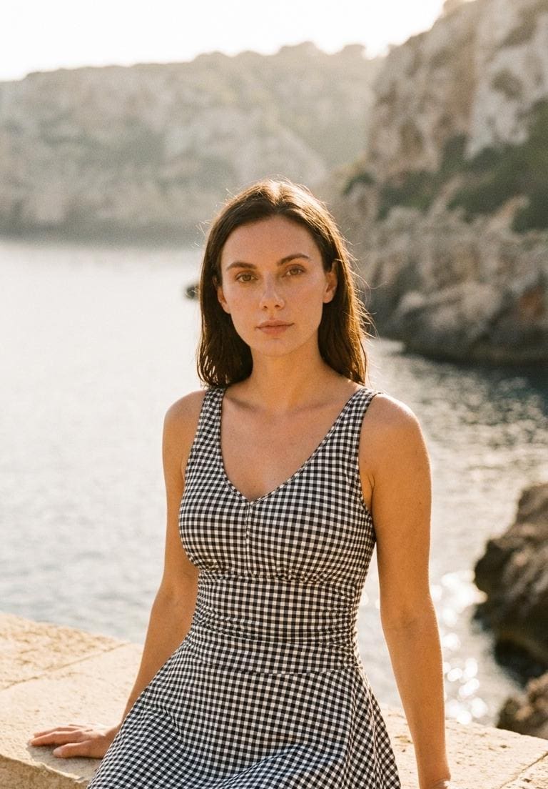 Retro Pleated Swim Dress with Shorts, Vintage-Inspired Modest Tankini, Black Gingham