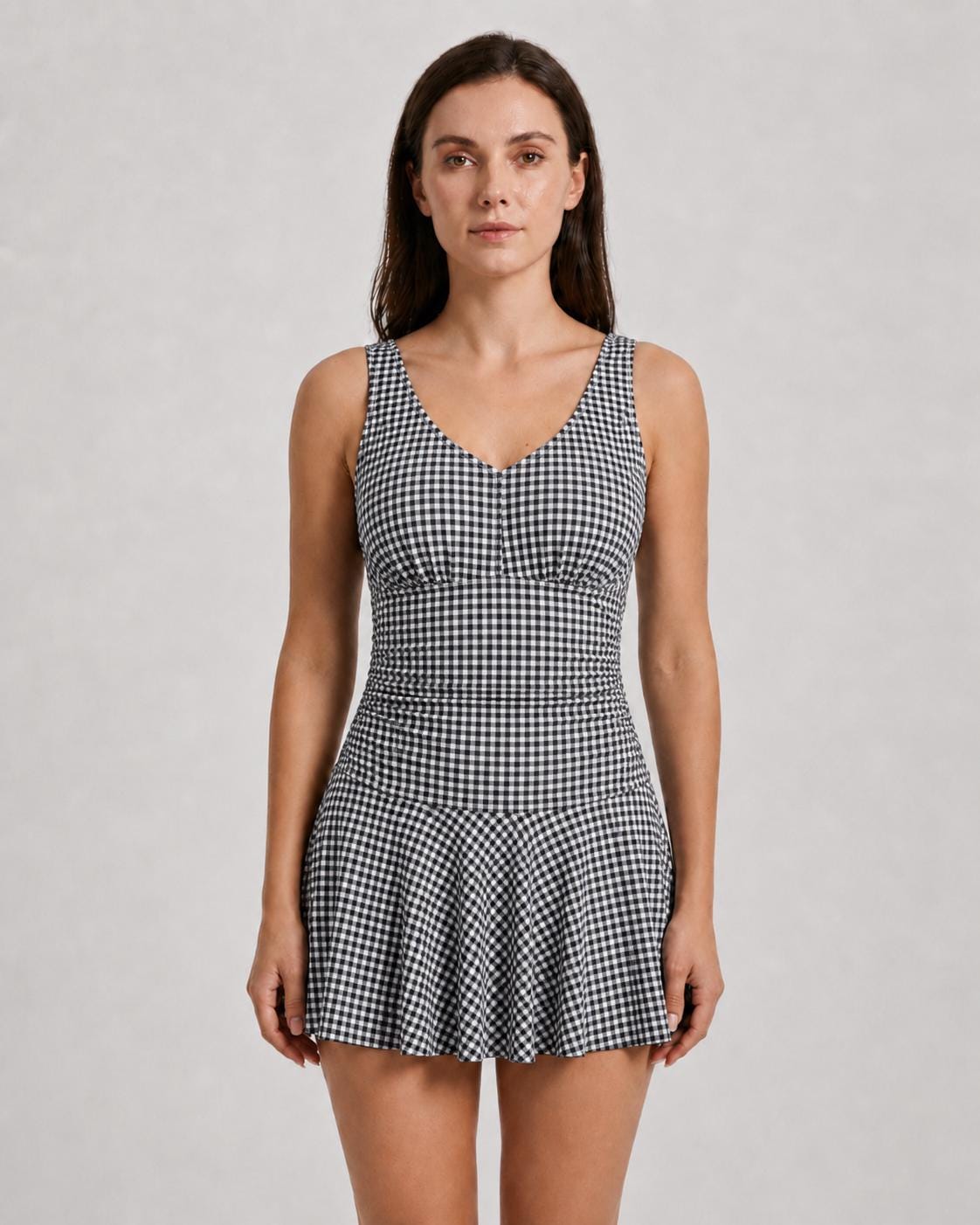 Retro Pleated Swim Dress with Shorts, Vintage-Inspired Modest Tankini, Black Gingham