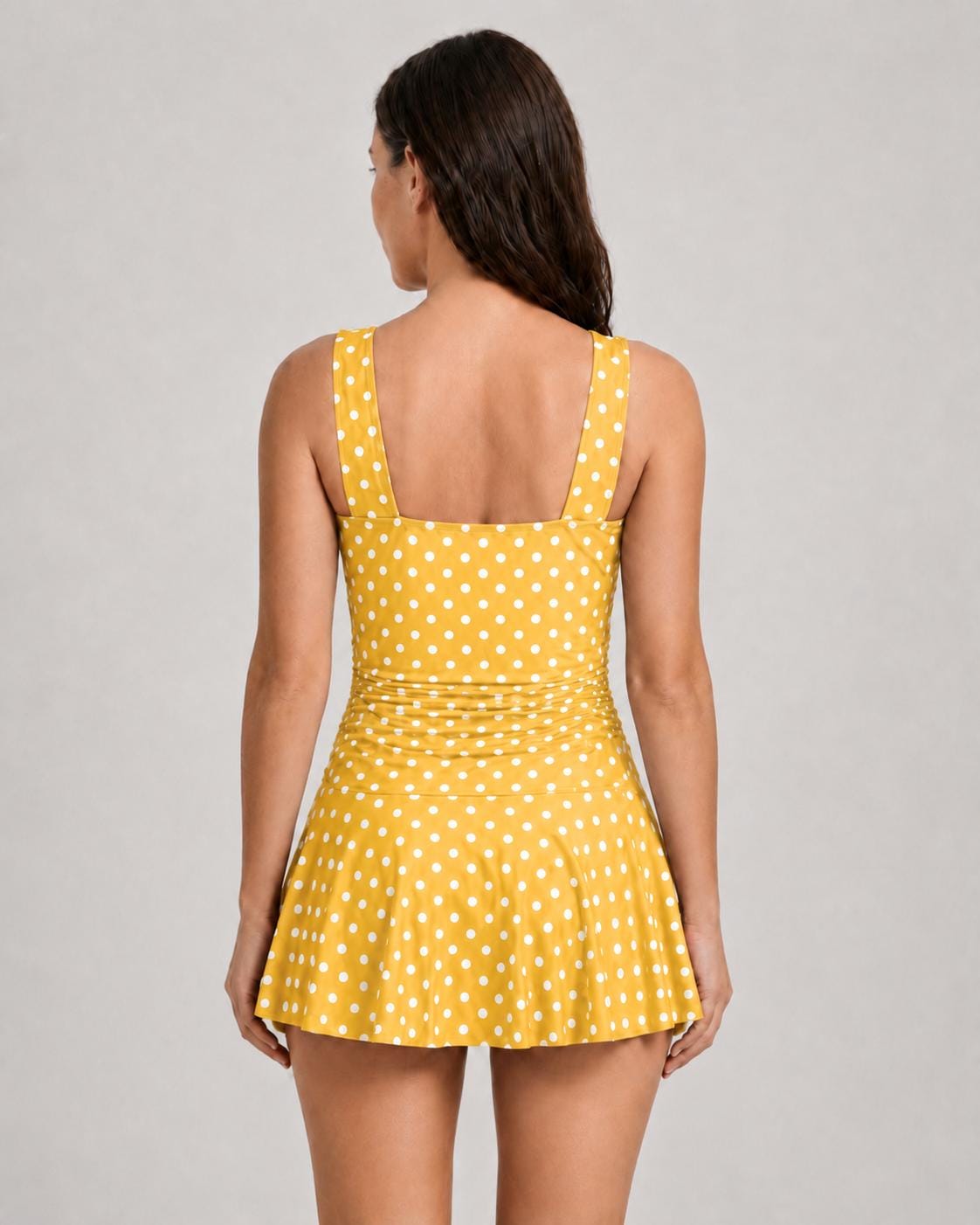 Retro Pleated Swim Dress tankini with Shorts, Vintage-Inspired Modest Tankini, Yellow Polka-Dot