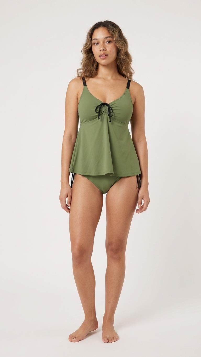 Green Adjustable Drawstring Tankini Swim Dress | Split Two-Piece Retro Swimsuit