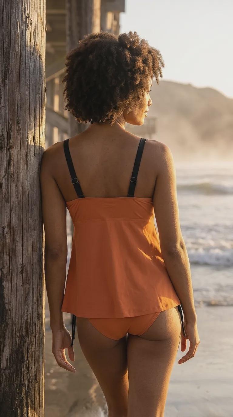 Orange Adjustable Drawstring Tankini Swim Dress | Split Two-Piece Retro Swimsuit