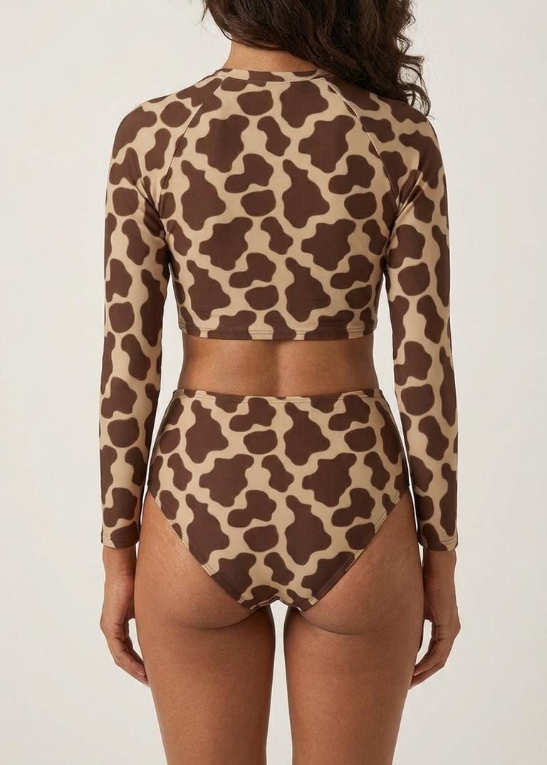 1970s Brown Cowhide Two-Piece Swimsuit, Retro Long Sleeve Crop Rash Guard