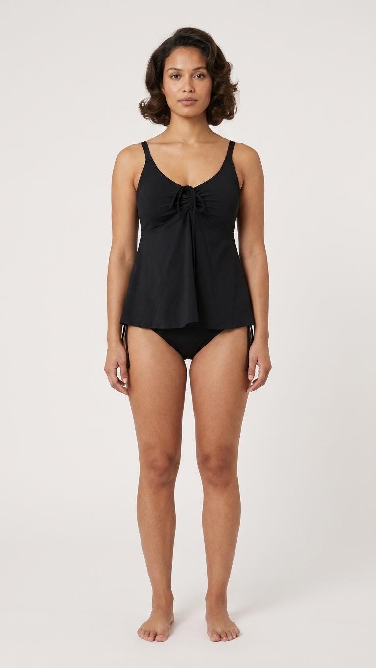 Black Adjustable Drawstring Tankini Swim Dress | Split Two-Piece Retro Swimsuit