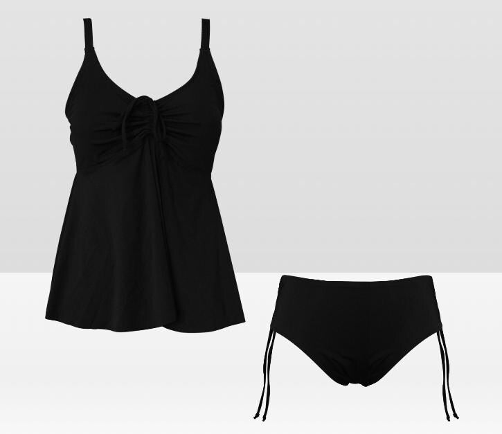Black Adjustable Drawstring Tankini Swim Dress | Split Two-Piece Retro Swimsuit