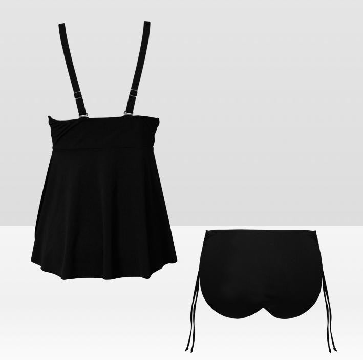 Black Adjustable Drawstring Tankini Swim Dress | Split Two-Piece Retro Swimsuit
