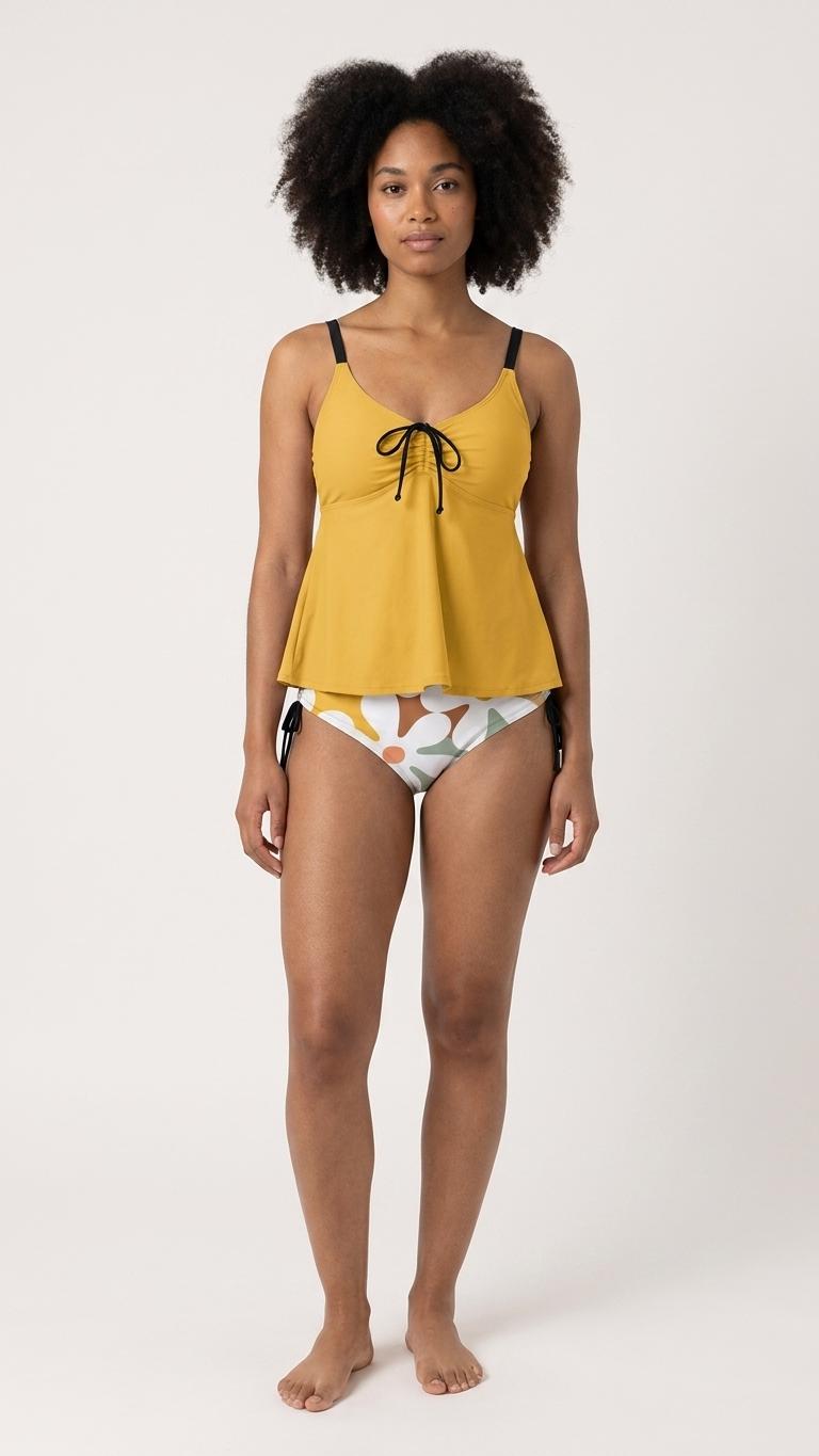 Mustard Yellow Floral Adjustable Drawstring Tankini Swim Dress | Split Two-Piece Retro Swimsuit