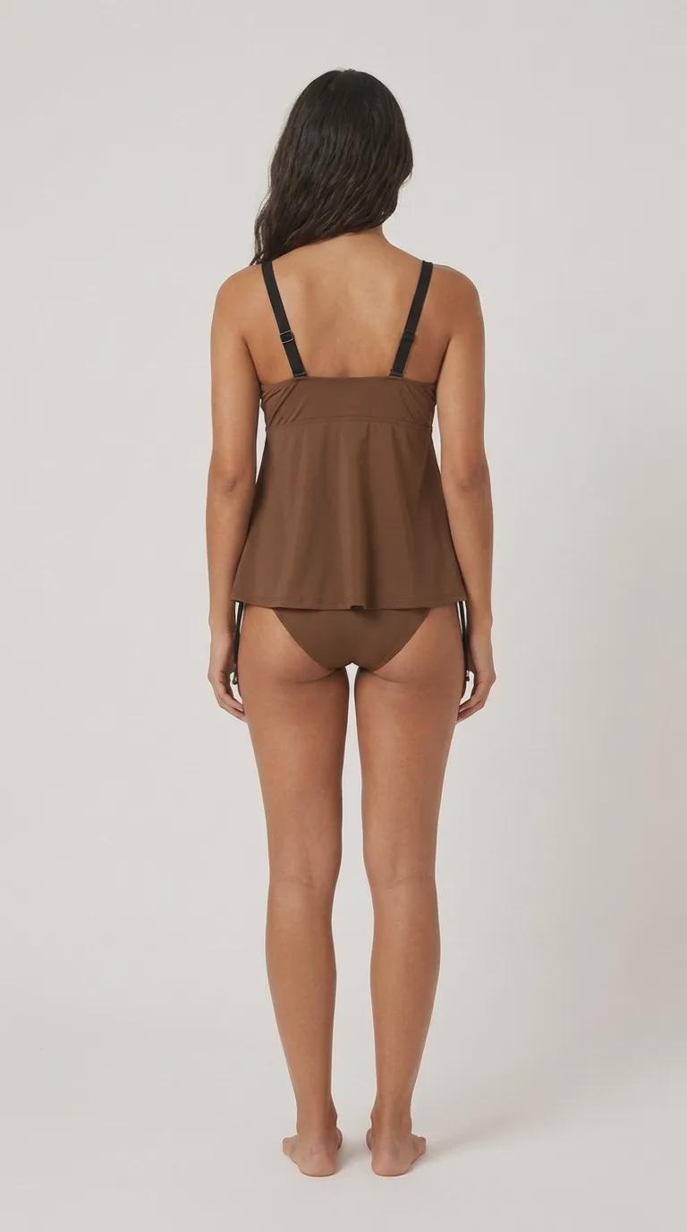 Brown Adjustable Drawstring Tankini Swim Dress | Split Two-Piece Retro Swimsuit