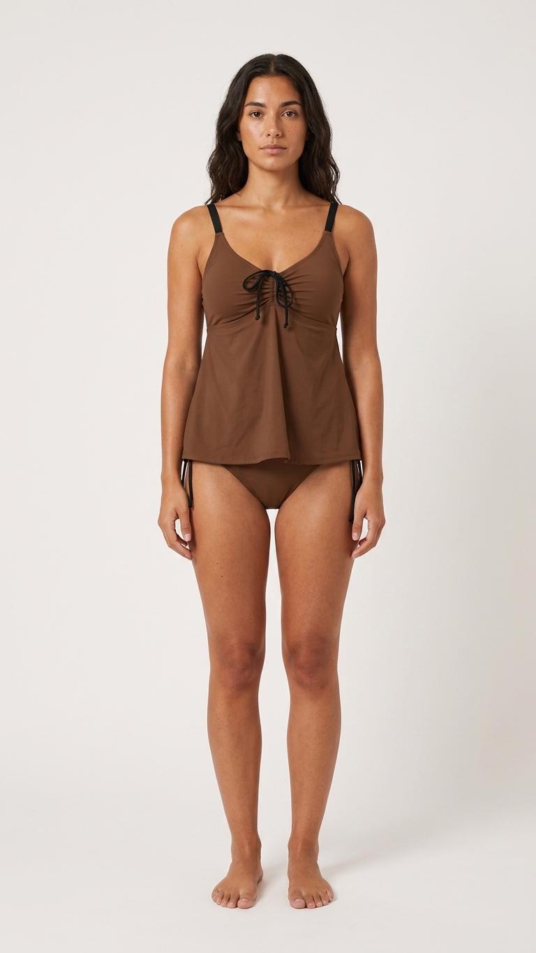 Brown Adjustable Drawstring Tankini Swim Dress | Split Two-Piece Retro Swimsuit