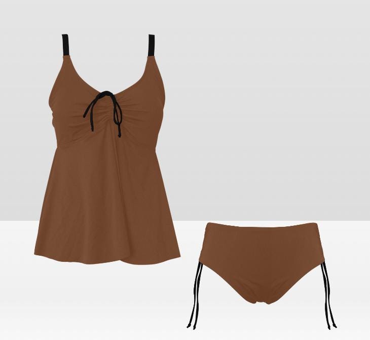 Brown Adjustable Drawstring Tankini Swim Dress | Split Two-Piece Retro Swimsuit
