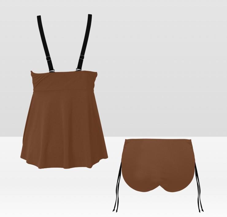 Brown Adjustable Drawstring Tankini Swim Dress | Split Two-Piece Retro Swimsuit