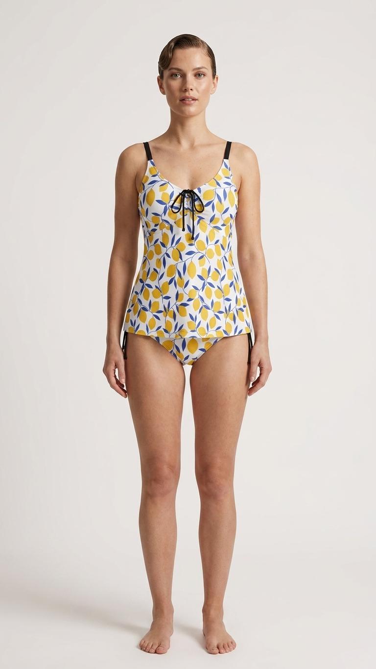 Mediterranean Lemons Adjustable Drawstring Tankini Swim Dress | Split Two-Piece Retro Swimsuit