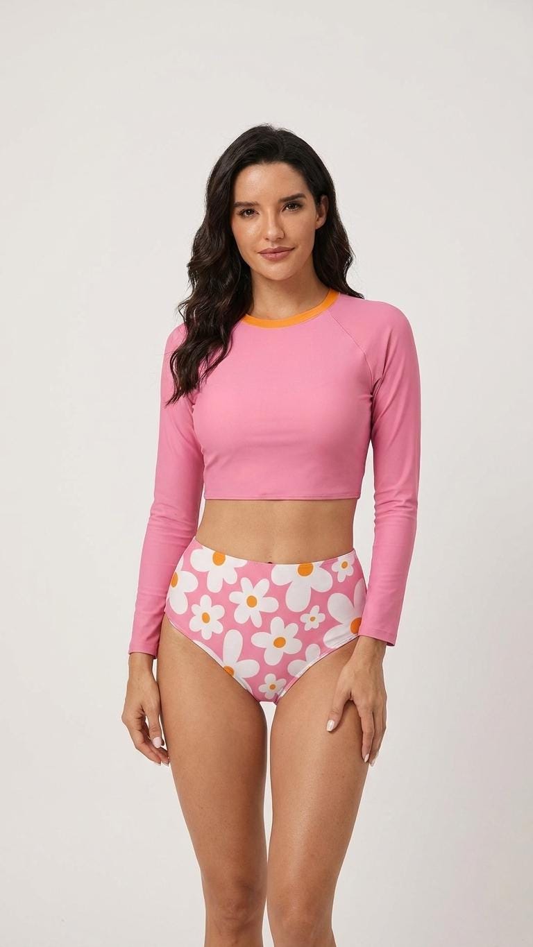 Retro Florals in Pink, Two-Piece Swimsuit, Long Sleeve Crop Rash Guard