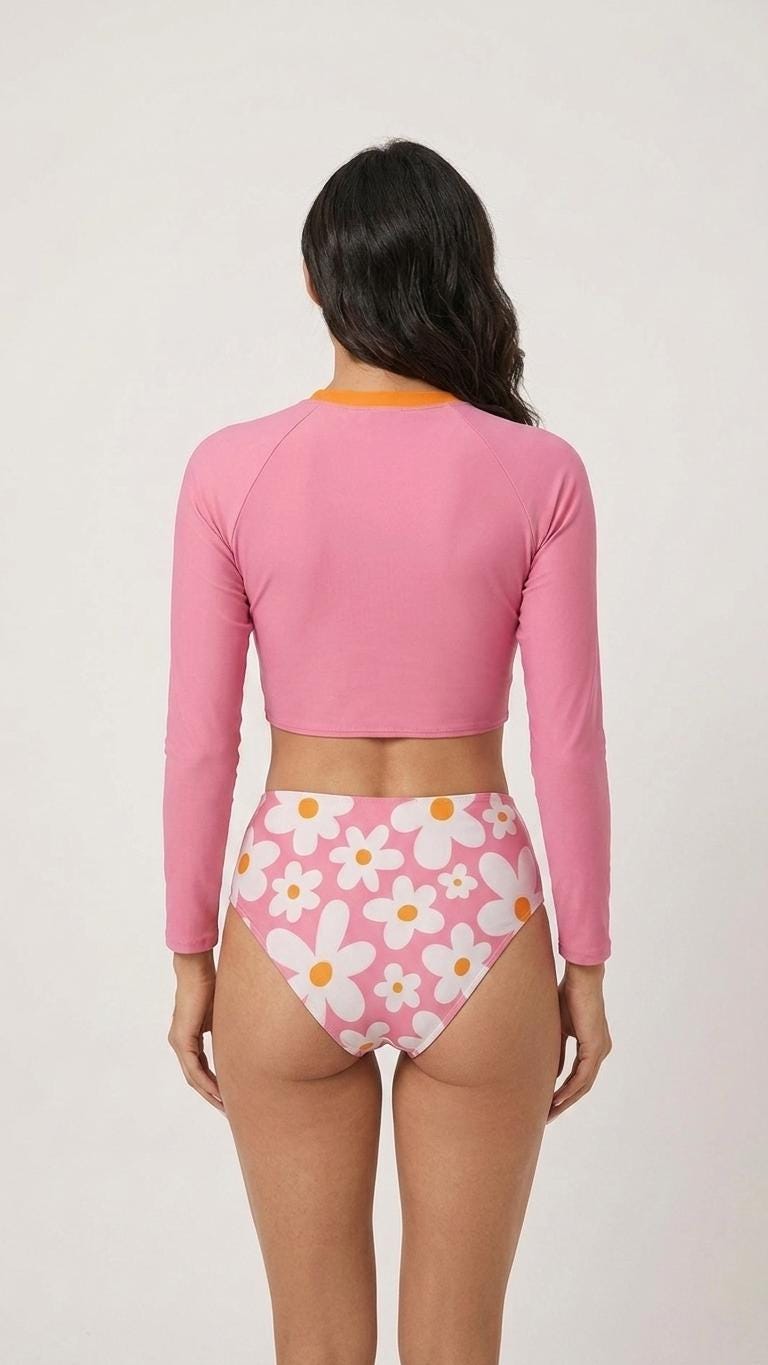 Retro Florals in Pink, Two-Piece Swimsuit, Long Sleeve Crop Rash Guard