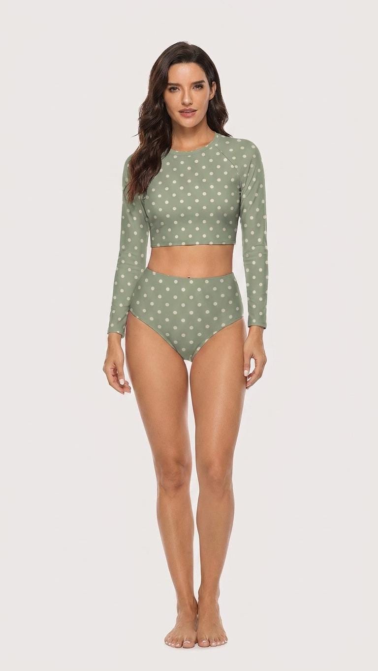 Sage Green Polka Dot, Two-Piece Swimsuit, Long Sleeve Crop Rash Guard