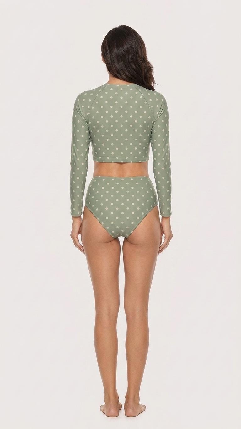 Sage Green Polka Dot, Two-Piece Swimsuit, Long Sleeve Crop Rash Guard