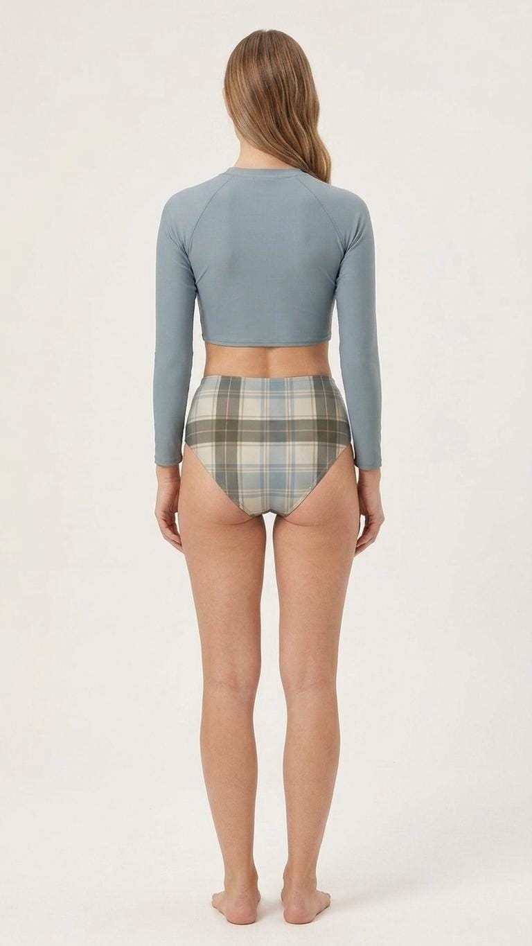 Icy Blue Plaid, Two-Piece Swimsuit, Long Sleeve Crop Rash Guard