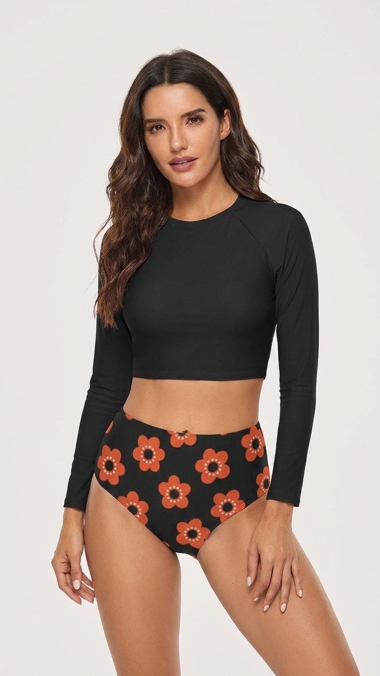 Retro Florals in Black, Two-Piece Swimsuit, Long Sleeve Crop Rash Guard