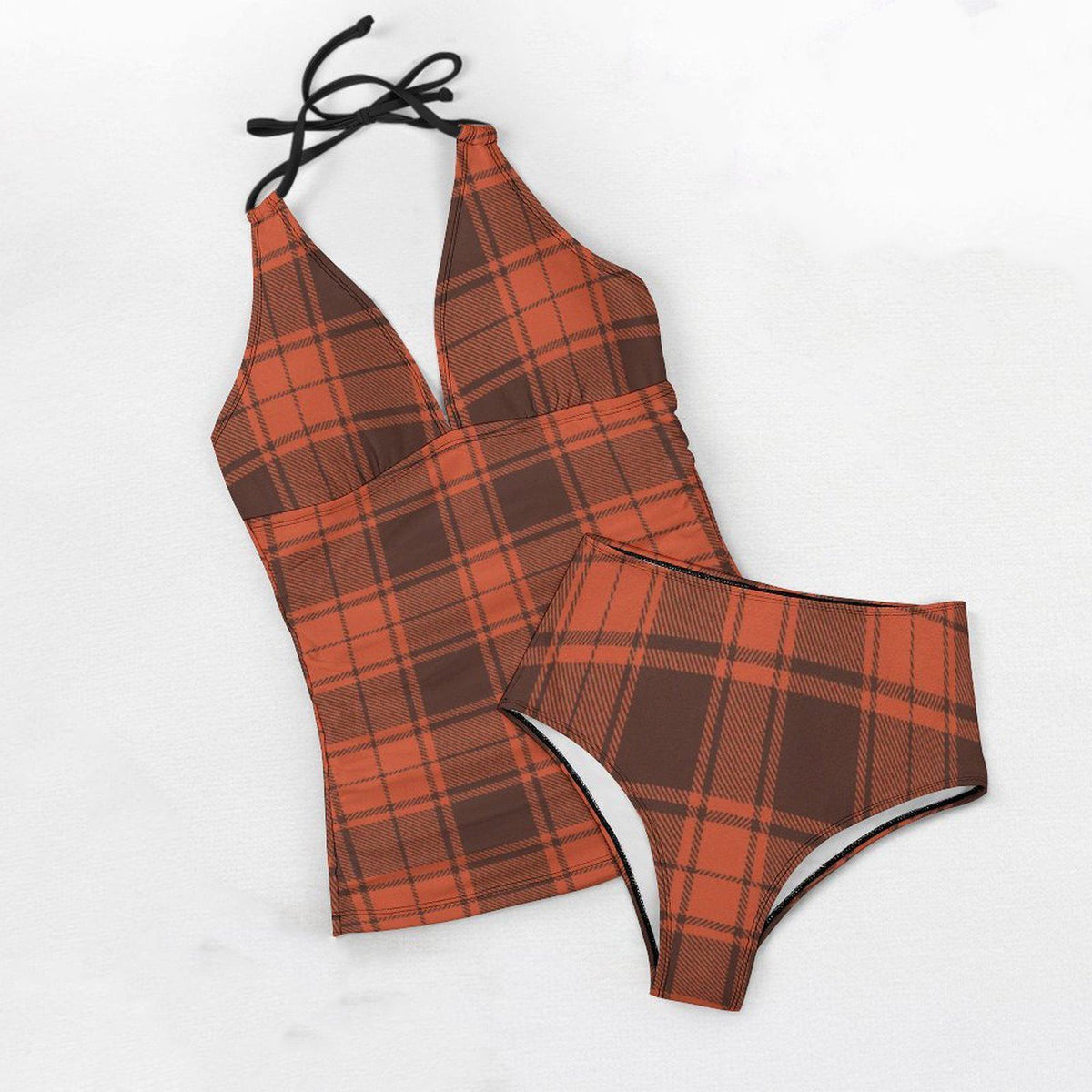 Retro Chic Classic Active Split Surf Tankini Swimsuit - Brown & Orange Plaid