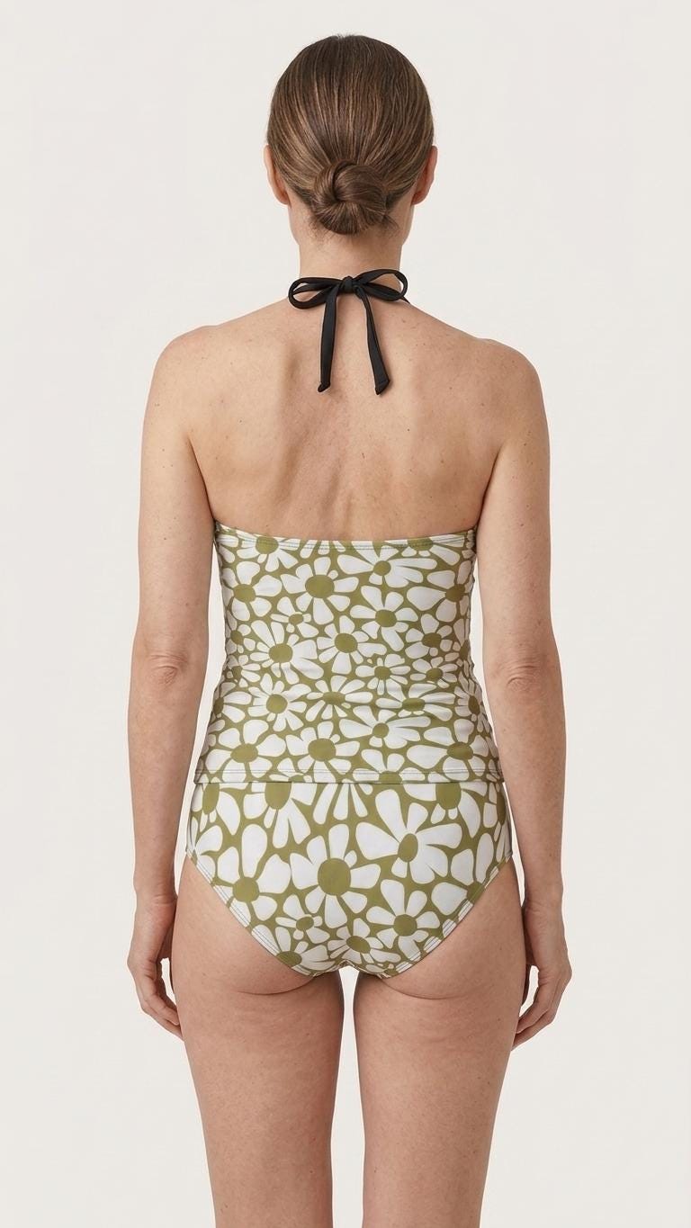 Retro Chic Classic Active Split Surf Tankini Swimsuit - Olive Green Vintage Florals