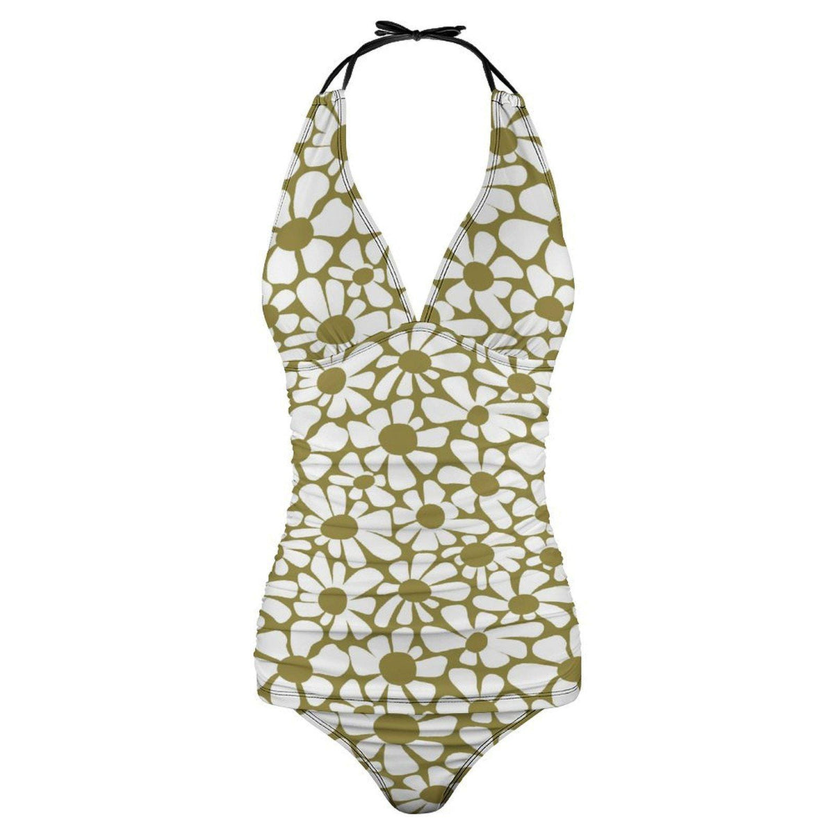 Retro Chic Classic Active Split Surf Tankini Swimsuit - Olive Green Vintage Florals