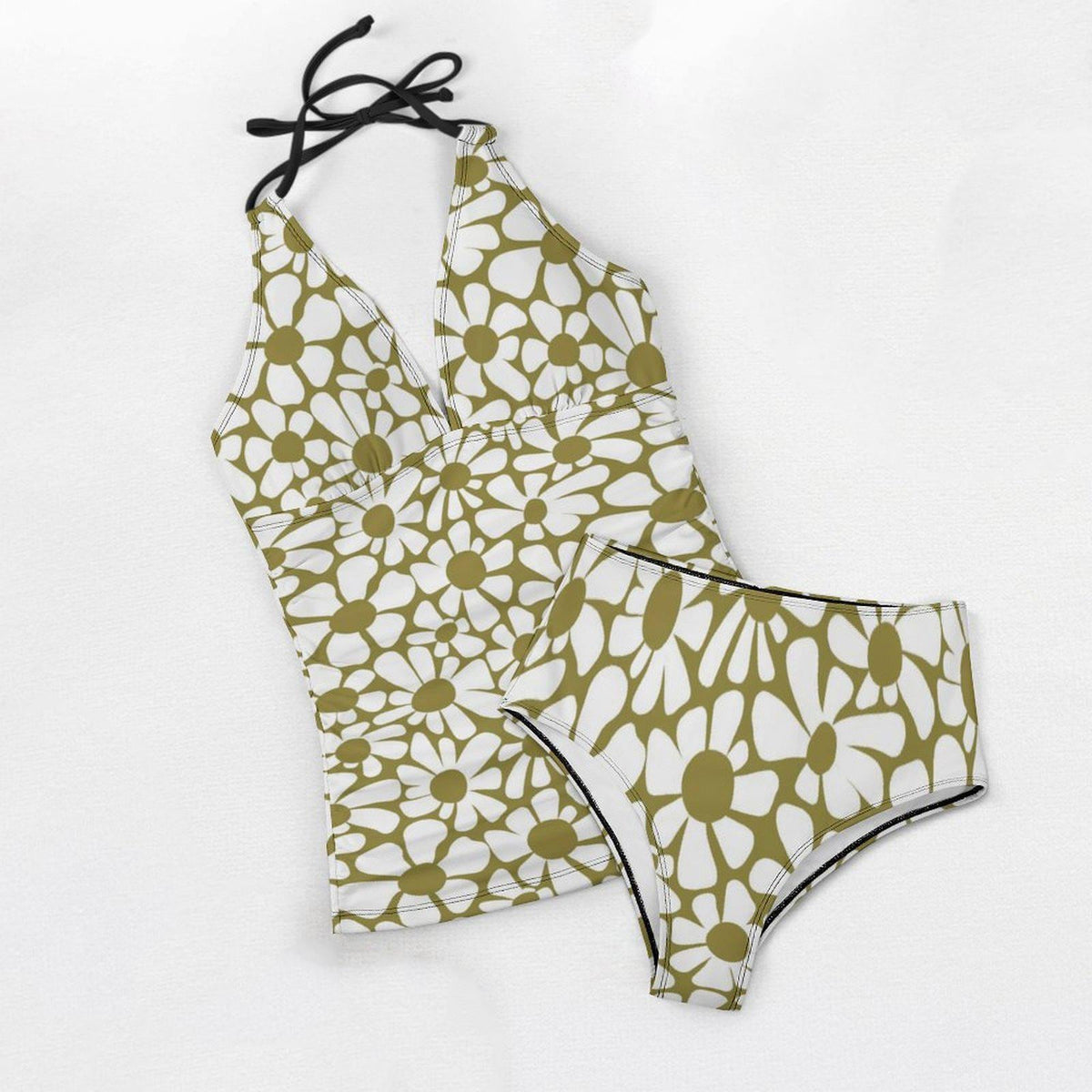 Retro Chic Classic Active Split Surf Tankini Swimsuit - Olive Green Vintage Florals