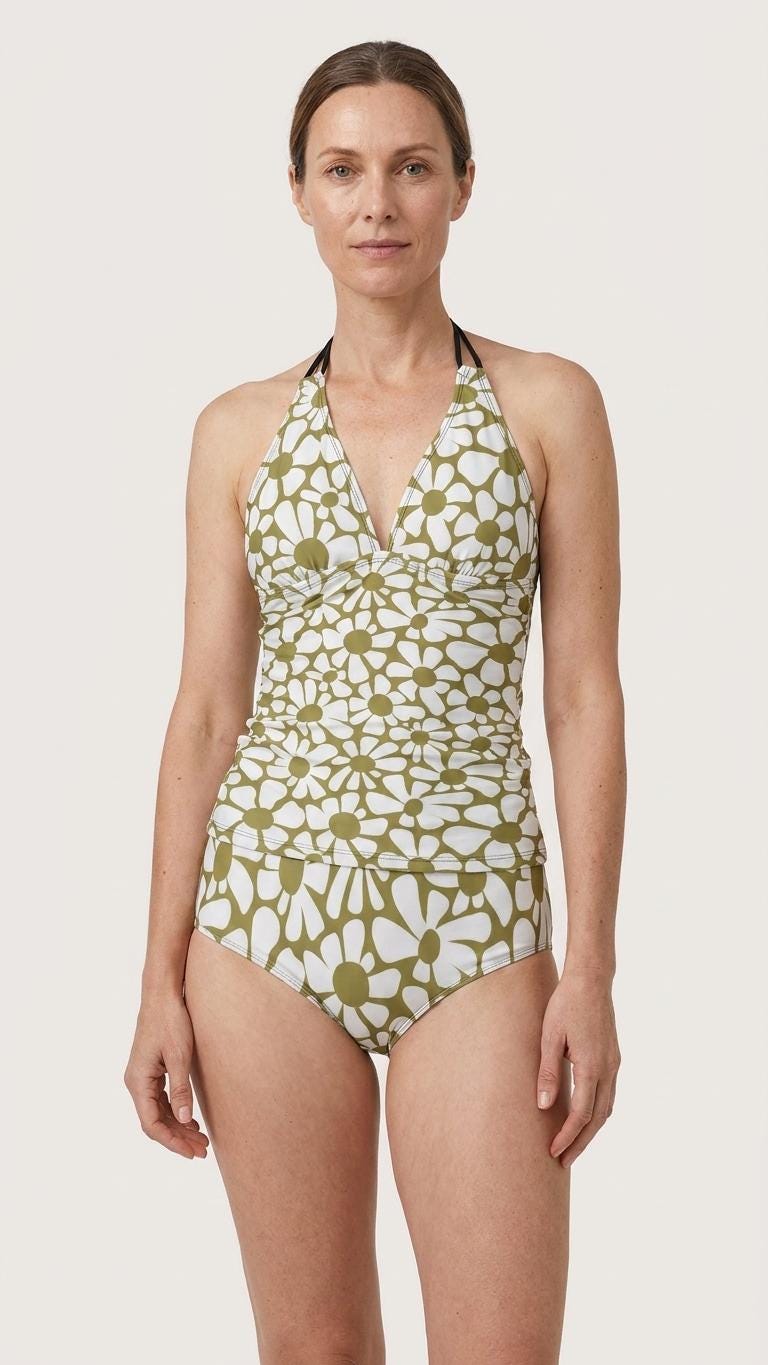 Retro Chic Classic Active Split Surf Tankini Swimsuit - Olive Green Vintage Florals