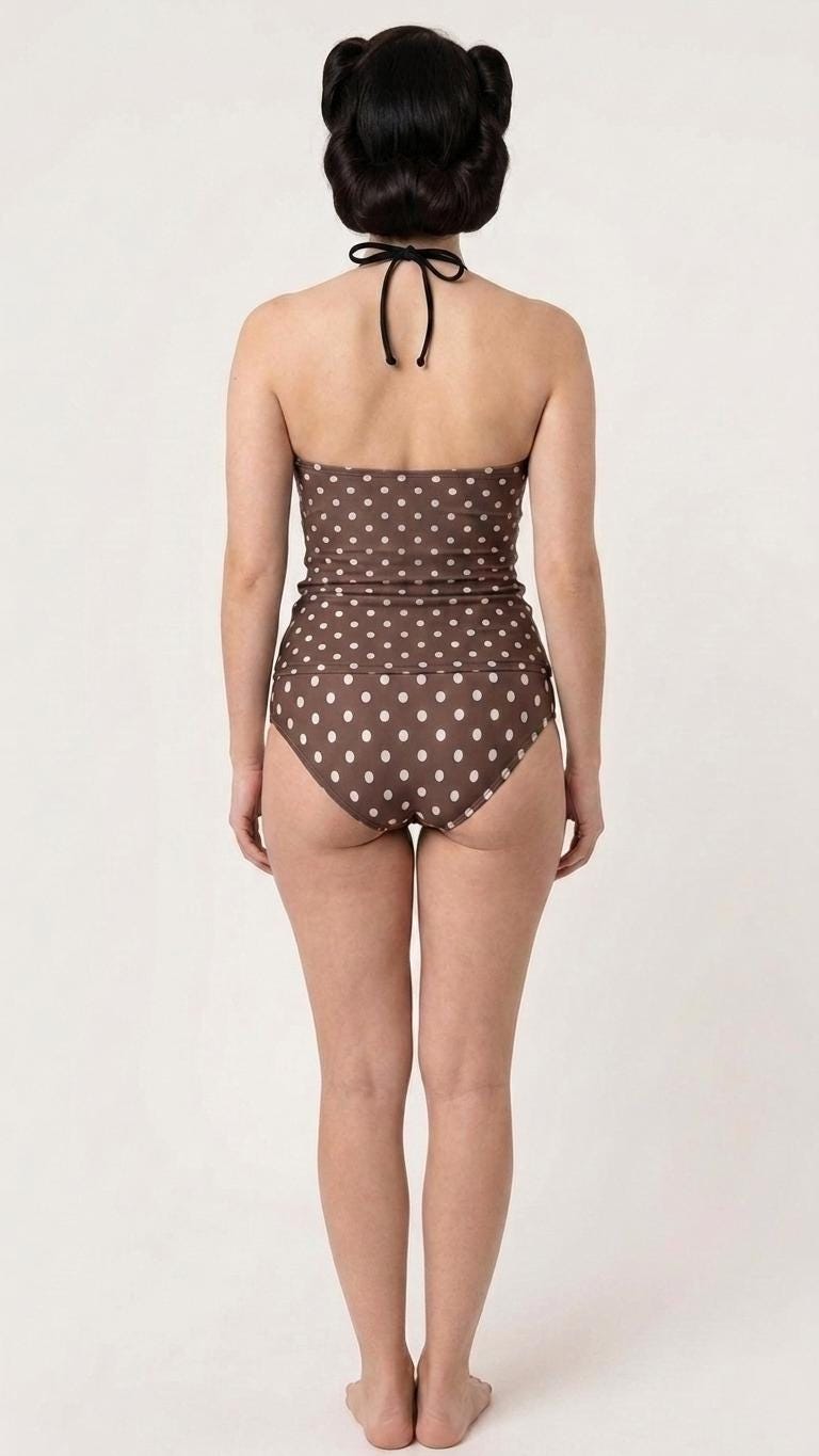 Retro Chic Classic Active Split Surf Tankini Swimsuit - Brown Polka Dot