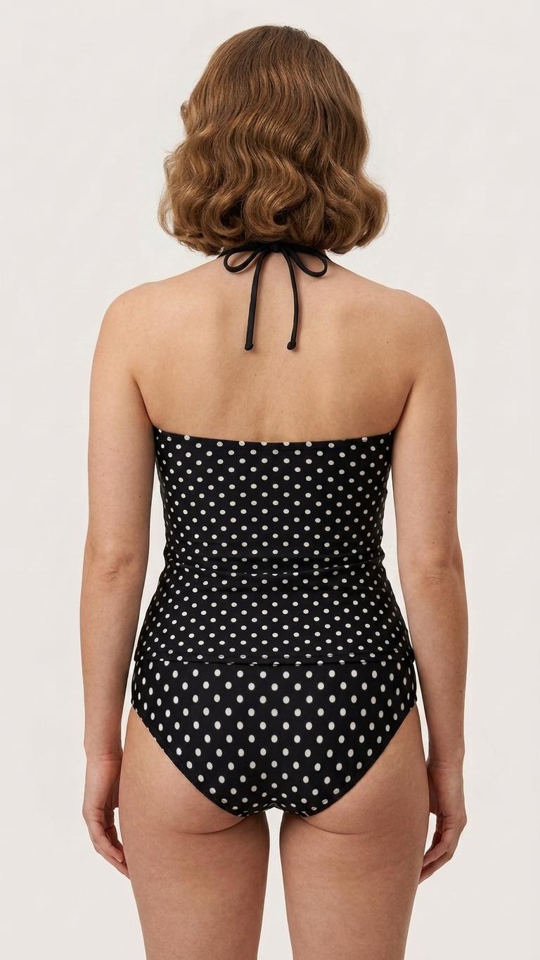 Retro Chic Classic Active Split Surf Tankini Swimsuit - Black Polka Dot
