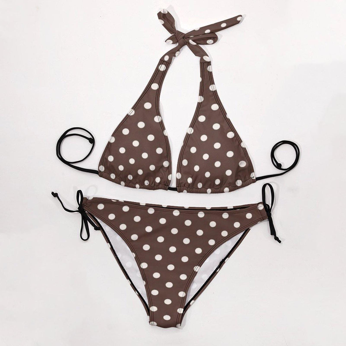 Brown Polka Dot Triangle Bikini Set – Festival Swimwear with Halter Top – Retro Beach Style
