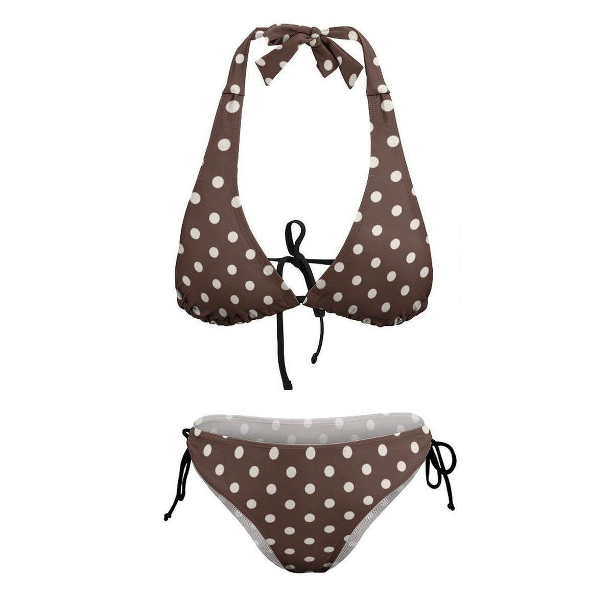 Brown Polka Dot Triangle Bikini Set – Festival Swimwear with Halter Top – Retro Beach Style