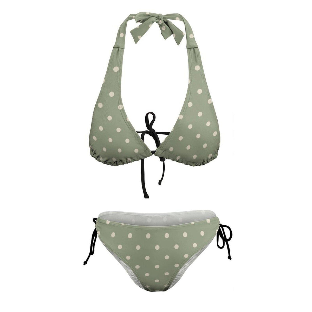 Sage Green Polka-Dot Triangle Bikini Set – Festival Swimwear with Halter Top – Retro Beach Style