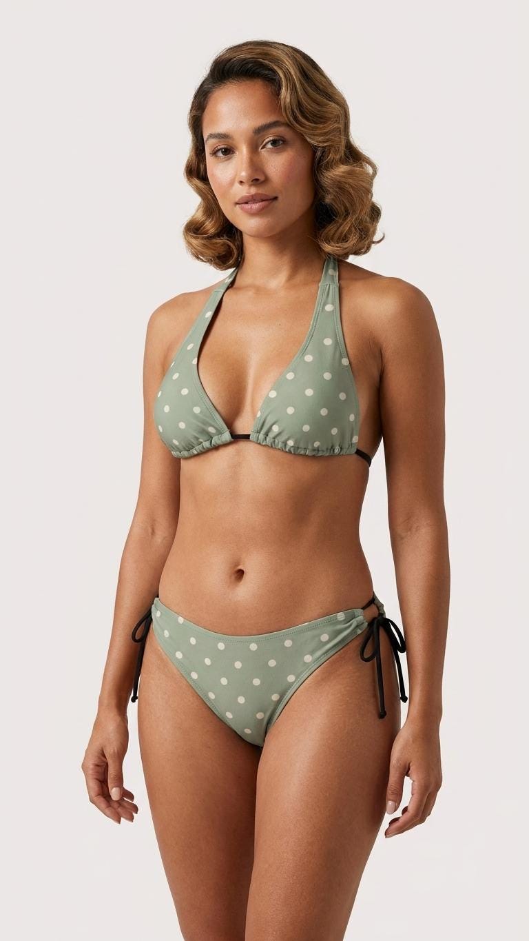 Sage Green Polka-Dot Triangle Bikini Set – Festival Swimwear with Halter Top – Retro Beach Style