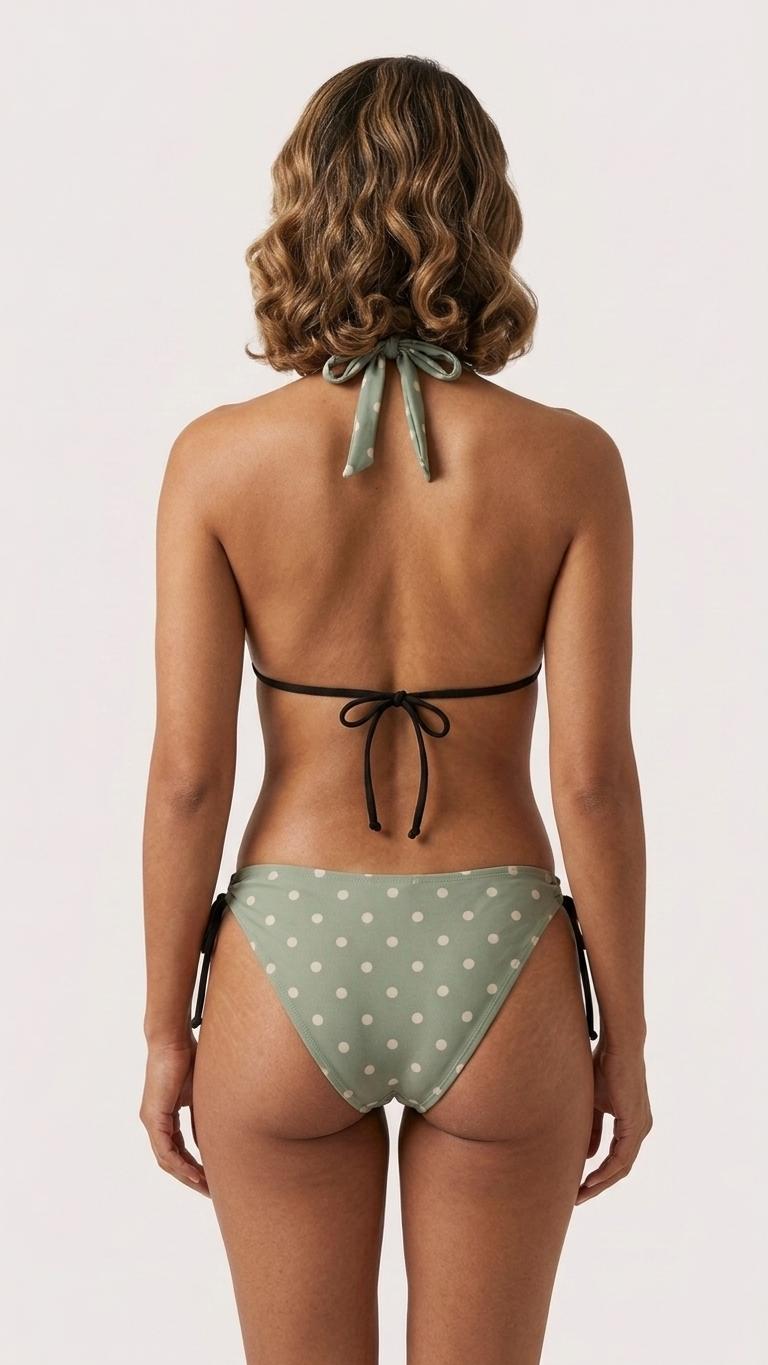 Sage Green Polka-Dot Triangle Bikini Set – Festival Swimwear with Halter Top – Retro Beach Style