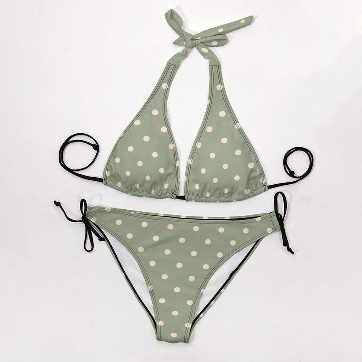 Sage Green Polka-Dot Triangle Bikini Set – Festival Swimwear with Halter Top – Retro Beach Style