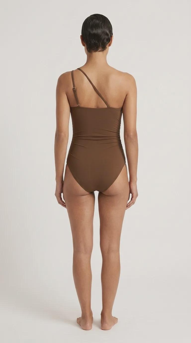 Retro One Shoulder Ruched Swimsuit with Keyhole Strap, Vintage-Inspired One-Piece, Brown