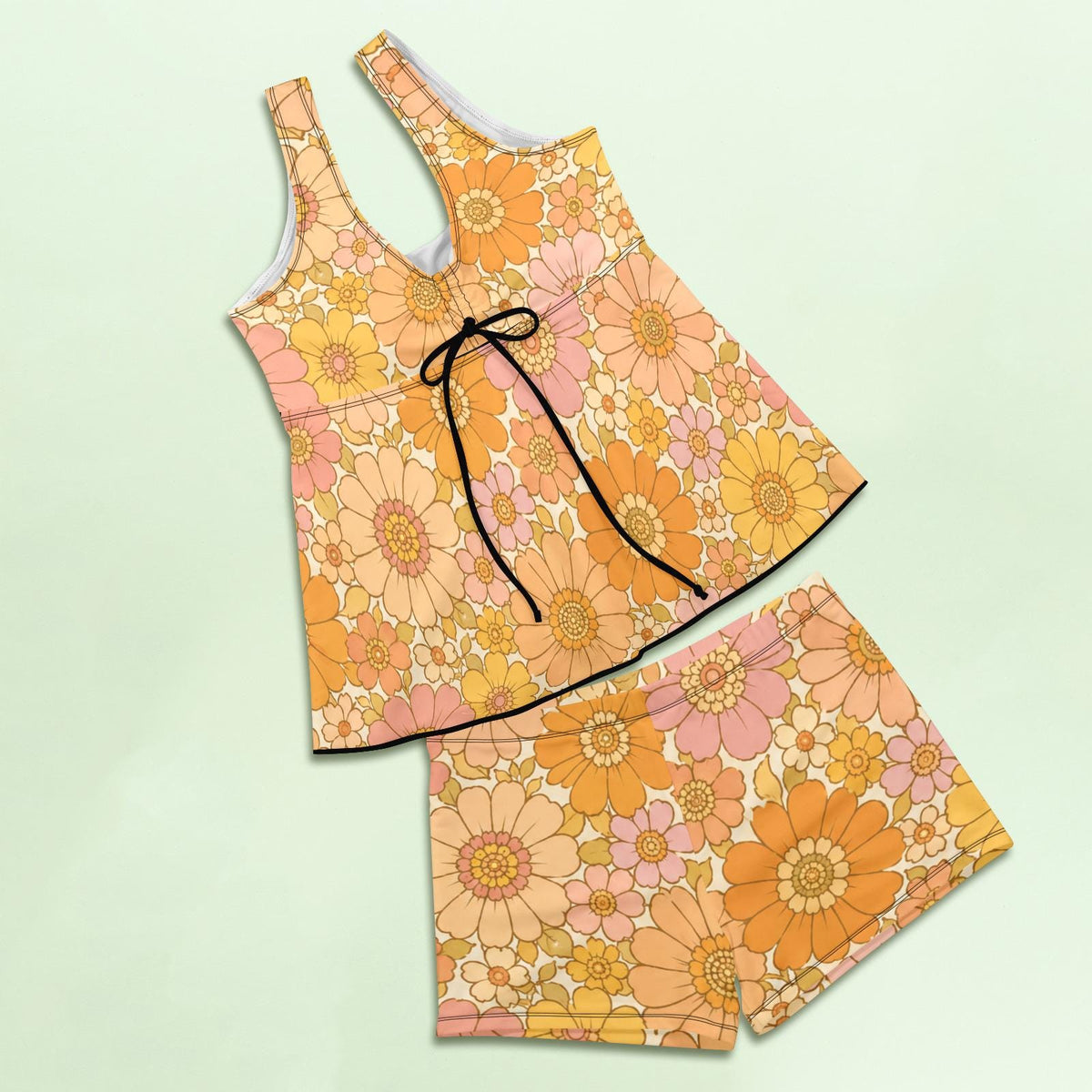 Drawstring Tankini Two-Piece Swimsuit with Swim Shorts, Pale Retro Florals