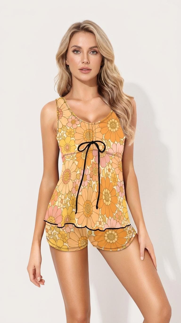 Drawstring Tankini Two-Piece Swimsuit with Swim Shorts, Pale Retro Florals